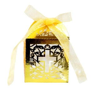 Golden laser-cut wedding favor box with cross pattern and elegant yellow ribbon bow