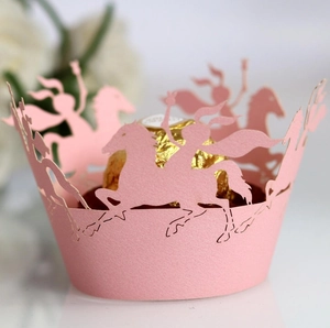 Pink laser cut cupcake wrappers with horse design for European birthday celebrations