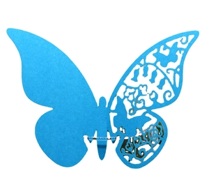 Blue butterfly laser-cut place card with elegant hollow floral pattern for wine glasses