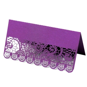 Purple laser-cut lace place card for weddings made of shimmering pearl paper