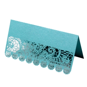 Teal laser cut lace wedding place card with elegant pearl finish and hollow pattern