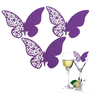 Purple laser-cut butterfly place cards for wedding wine glasses and wall decoration
