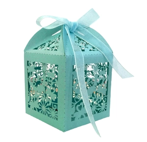Detail showing the laser-cut floral patterns and heart-shaped texture on the light blue gift box