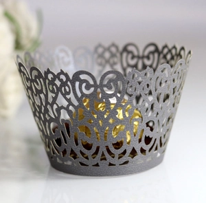 Elegant laser-cut hollow vine cupcake wrapper in pearlescent dark grey finish