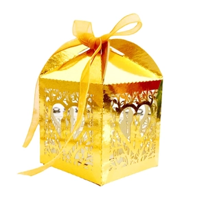 Elegant gold mirror hollow wedding favor box with laser-cut heart tree and ribbon