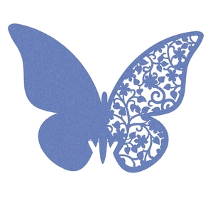 Detailed laser-cut light blue butterfly place card with floral hollow pattern for weddings