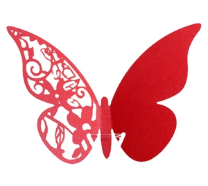 3D hollow red butterfly wall sticker with intricate laser-cut floral patterns for weddings
