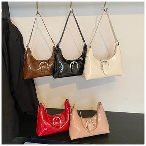 Five colors of glossy faux leather hobo underarm bags with round silver buckles
