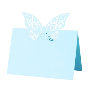 Detailed laser-cut hollow butterfly place card for wedding table settings in light blue