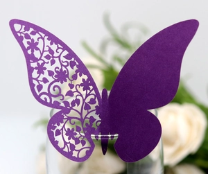 Detailed laser-cut purple butterfly place card for wedding glass decoration and events
