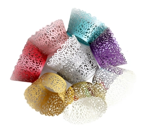Laser cut cupcake wrappers in multiple metallic colors with elegant floral lace patterns