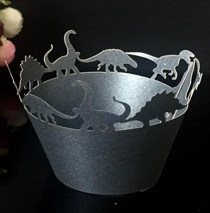 Detailed laser-cut dinosaur cupcake wrapper in dark grey pearl paper for dessert tables