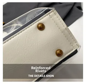 Detail of cream textured leather and transparent PVC bag with reinforced bronze rivets