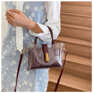 Close-up of clear PVC tote with burgundy inner pouch and golden clasp detail