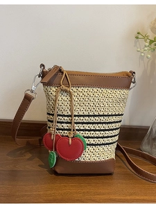 Handmade Straw Woven Bucket Bag Women Summer Striped Crossbody Shoulder Bag With Cherry Charm Small Phone Bag Pastoral Design
