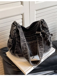 Vintage Washed Denim Crossbody Bag For Women Large Capacity Multi Pocket Denim Shoulder Bag Casual Student Tote Bag Daily Use