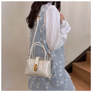 Detail of white leather inner pouch and transparent PVC outer bag with gold metal snap