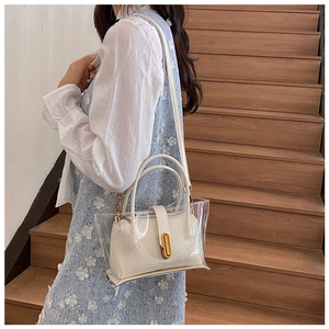 Détail du sac transparent en PVC avec insert en cuir blanc et fermoir en métal doré