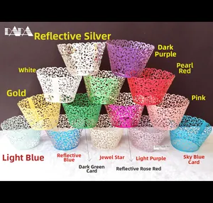 Detailed display of laser-cut cupcake wrappers in 13+ colors and pearlescent textures