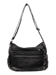 Washed black denim tote bag with triple front zippers and adjustable shoulder strap