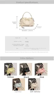 Detailed size specifications and five color variants of the pleated PU bucket bag