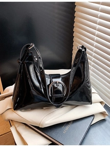 Women Glossy PU Leather Underarm Bag Vintage Large Capacity Shoulder Bag With Silver Buckle Office Commute Crossbody Hobo Bag