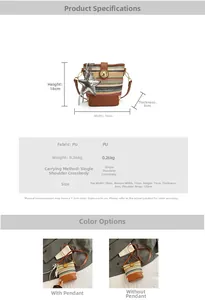 Detailed size specifications and material chart for the woven striped bucket bag