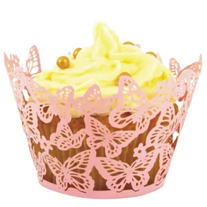 Pink laser-cut butterfly cupcake wrappers featuring intricate hollow lace design for decor