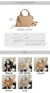 Size chart showing dimensions and colors for a stylish PU leather bucket bag with a bear charm