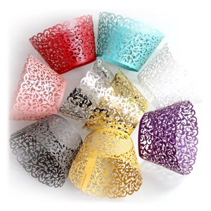 Colorful laser cut lace cupcake wrappers with elegant vine patterns for party decoration