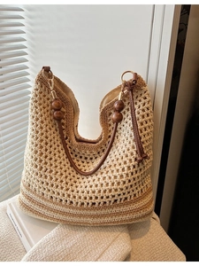 Women Large Capacity Hollow Out Straw Woven Tote Bag Vacation Style Shoulder Crossbody Bag With Wood Beads Summer Handbag