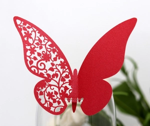 Laser cut red butterfly card for wedding wine glass decoration and seating