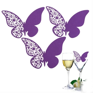 Purple laser cut hollow butterfly decorative cards for wedding glassware and wall decor