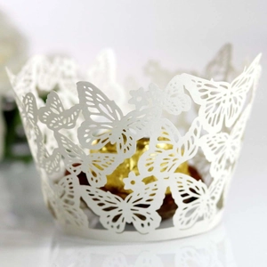 Elegant white laser-cut butterfly cupcake wrapper with pearlescent finish for weddings