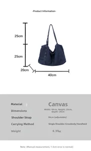 Detailed size guide for large canvas tote bag with adjustable shoulder strap dimensions