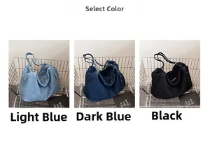 Detailed comparison of large denim tote bags in light blue, dark blue and black colors