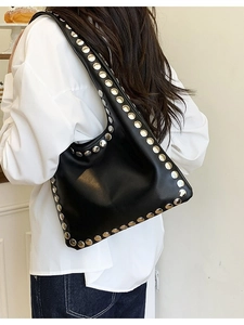 Large black Hobo shoulder bag for women with silver metal rivets in punk rock style