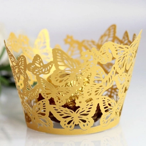 Golden laser-cut butterfly cupcake wrapper lace for wedding and party cake decorations