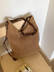 Women Woven Crochet Tote Bag Bohemian Hollow Out Beach Shoulder Bag With Wooden Beads Hand-Woven Vacation Casual Purse Net Bag