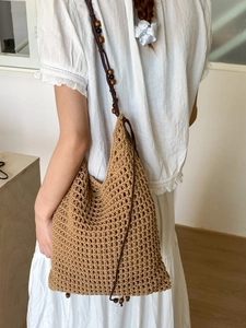 Bohemian mesh hollow knit tote bag with beaded shoulder strap for beach casual style
