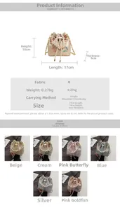 Detail showing Chinese style bucket bag with pearl handle and butterfly embroidery