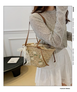 Detail of straw bucket bag featuring daisy embroidery and elegant lace bow decoration