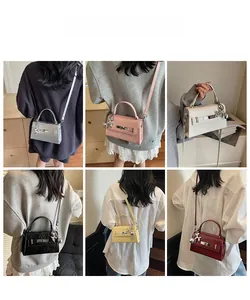 Collage of mini crossbody bags in six colors with metallic horse charm and leather texture