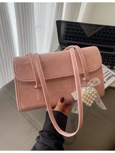 Women Crinkled PU Leather Underarm Shoulder Bag Fashion Heart Artificial Pearl Charm Lace Bow Decoration Commuting Handbag