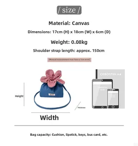 Detailed size chart showing canvas crossbody bag dimensions with a device comparison guide