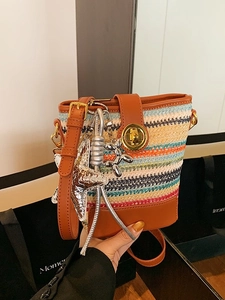 Women Bohemian Multi-Color Woven Bucket Bag PU Leather Trim Summer Vacation Single Shoulder Crossbody Bag With Charm