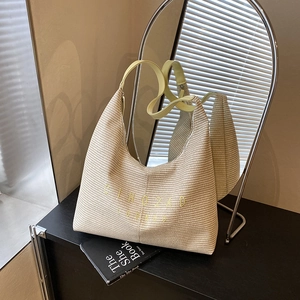 Women Large Capacity Woven PU Leather Hobo Bag Casual Summer Beach Shoulder Bag With Letter Print Bucket Tote Bag