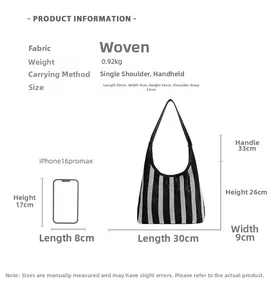 Detailed size specifications of black and white striped woven tote bag with dimensions