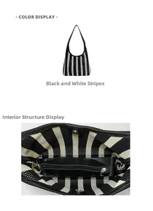 Internal details of striped knit tote bag showing zipper pocket and magnetic closure