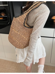 Summer woven straw tote bag with black trim and handles, stylish casual vacation shoulder bag